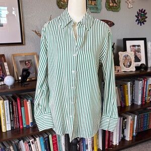 Blenca S Green and Cream Striped Women's Button-Down Shirt